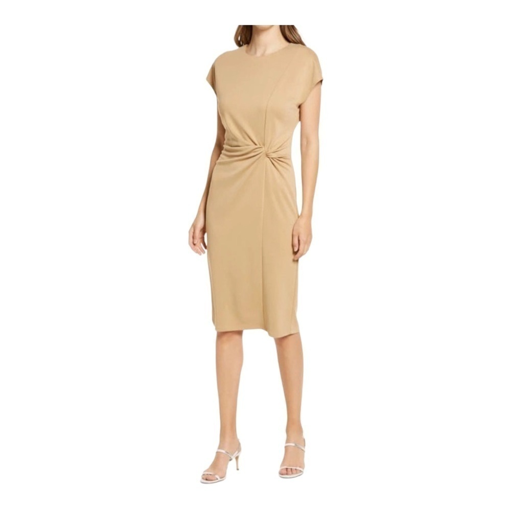 HALOGEN Twist Front Sheath Dress Camel Size XS